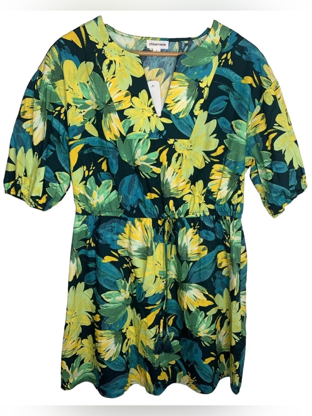 Chloe + Rene Tropical Knee Length Teal Lime A-Line Dress Size Large New Beachy